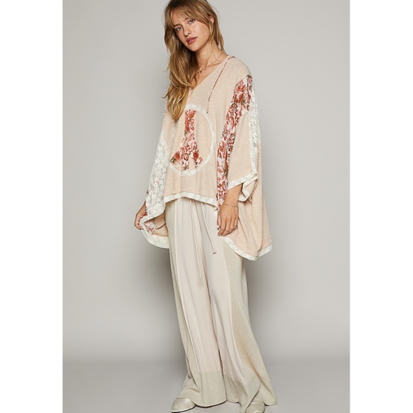 "The Justine" Oat Oversized Peace Sign Hooded Top - Picture 4 of 4